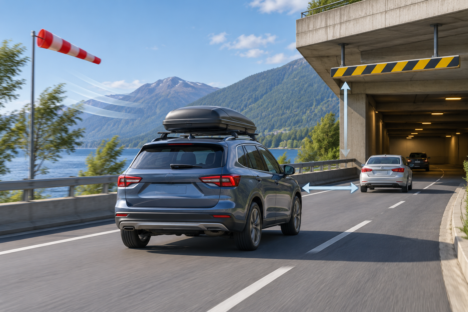 A roof-loaded vehicle with visual cues for crosswind exposure, added height, and extra following room.