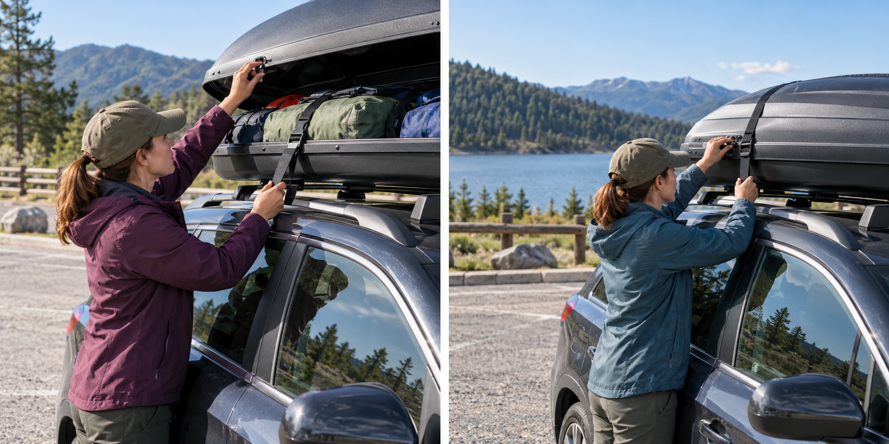 A parked vehicle and traveler checking roof cargo before departure and again at a later safe stop.