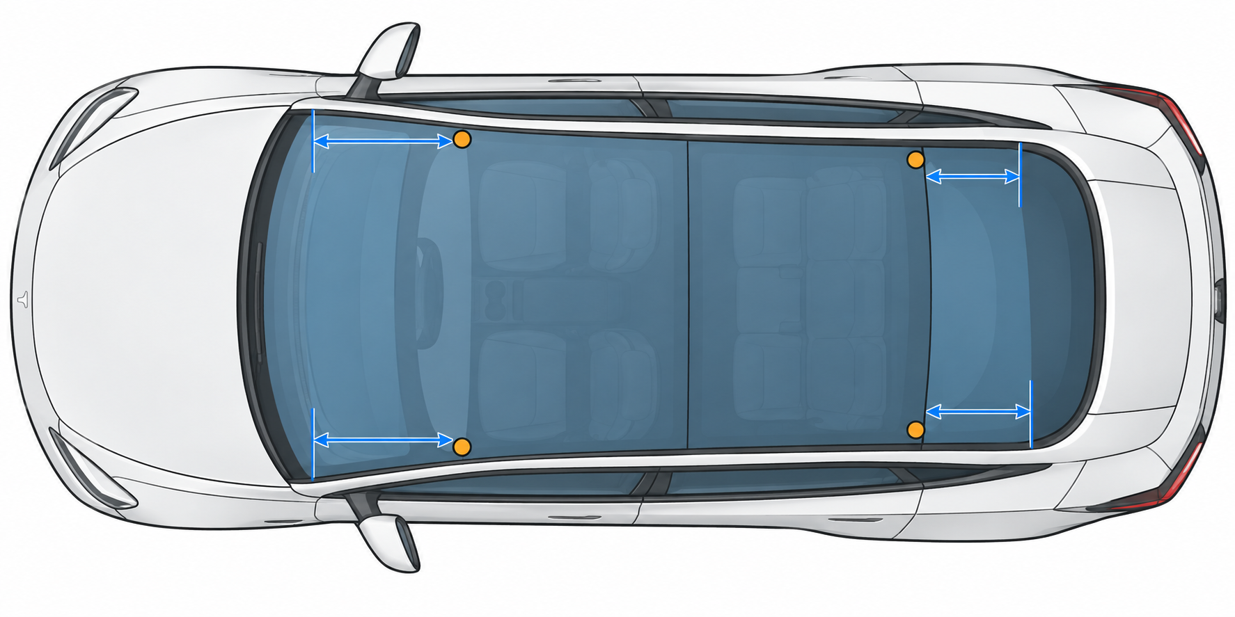 A top-down glass-roof diagram showing separate front and rear rack-mark references from their respective glass edges.