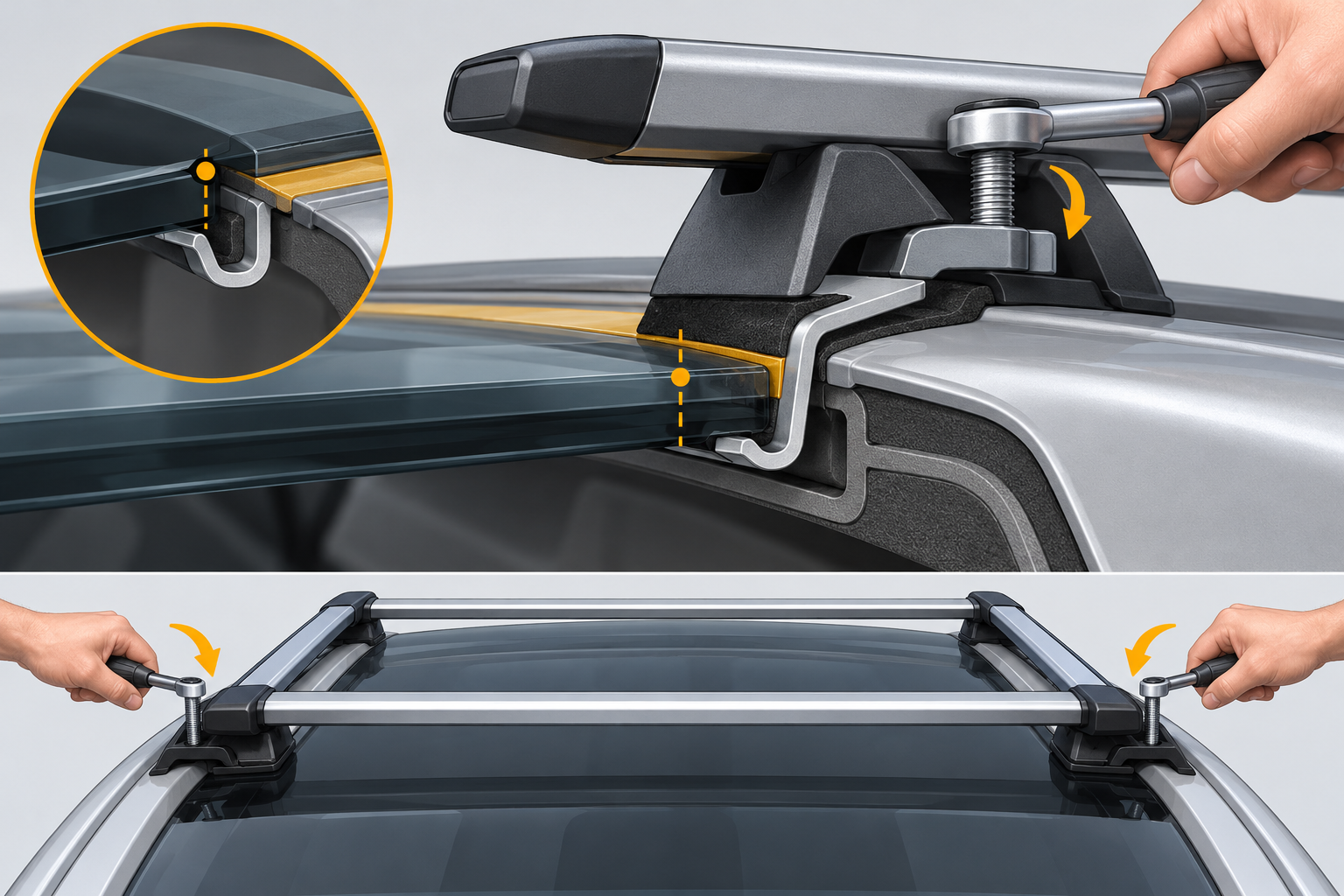 A cutaway view of a roof-rack J-hook engaging beneath the glass edge, with the correct protective pad and paired crossbars.