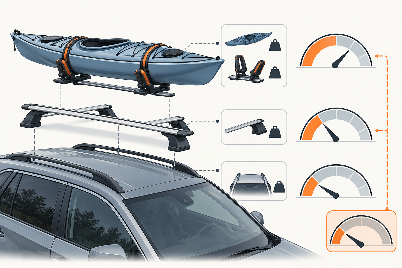 Separate conceptual capacity gauges for vehicle, crossbars, and carrier show that the applicable lower limit constrains the complete setup; no numeric rating is represented.