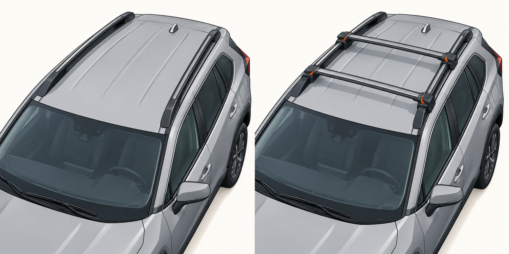 A generic SUV roof shown first with front-to-back roof rails alone, then with two crossbars attached across the rails.