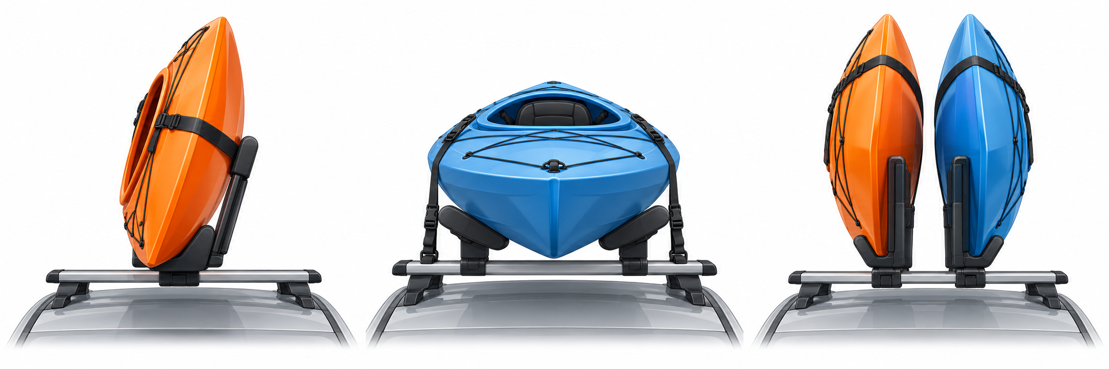 Kayak support orientations on a roof rack: a J-cradle carries one kayak on its side, saddles support a hull horizontally, and stackers hold two kayaks vertically.