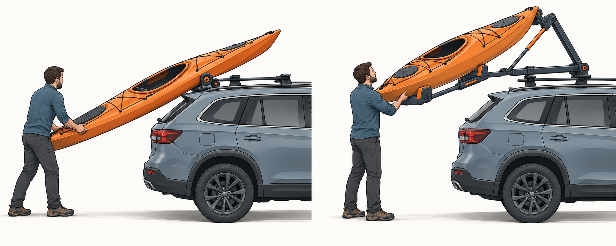 A rear roller guides a kayak up toward the roof, while a hinged lift-assist carrier lowers beside the vehicle to reduce the overhead lift.