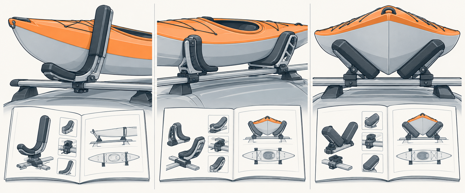Three different kayak carrier designs sit beside their own instruction diagrams, illustrating why the selected carrier’s manual governs its loading and restraint details.
