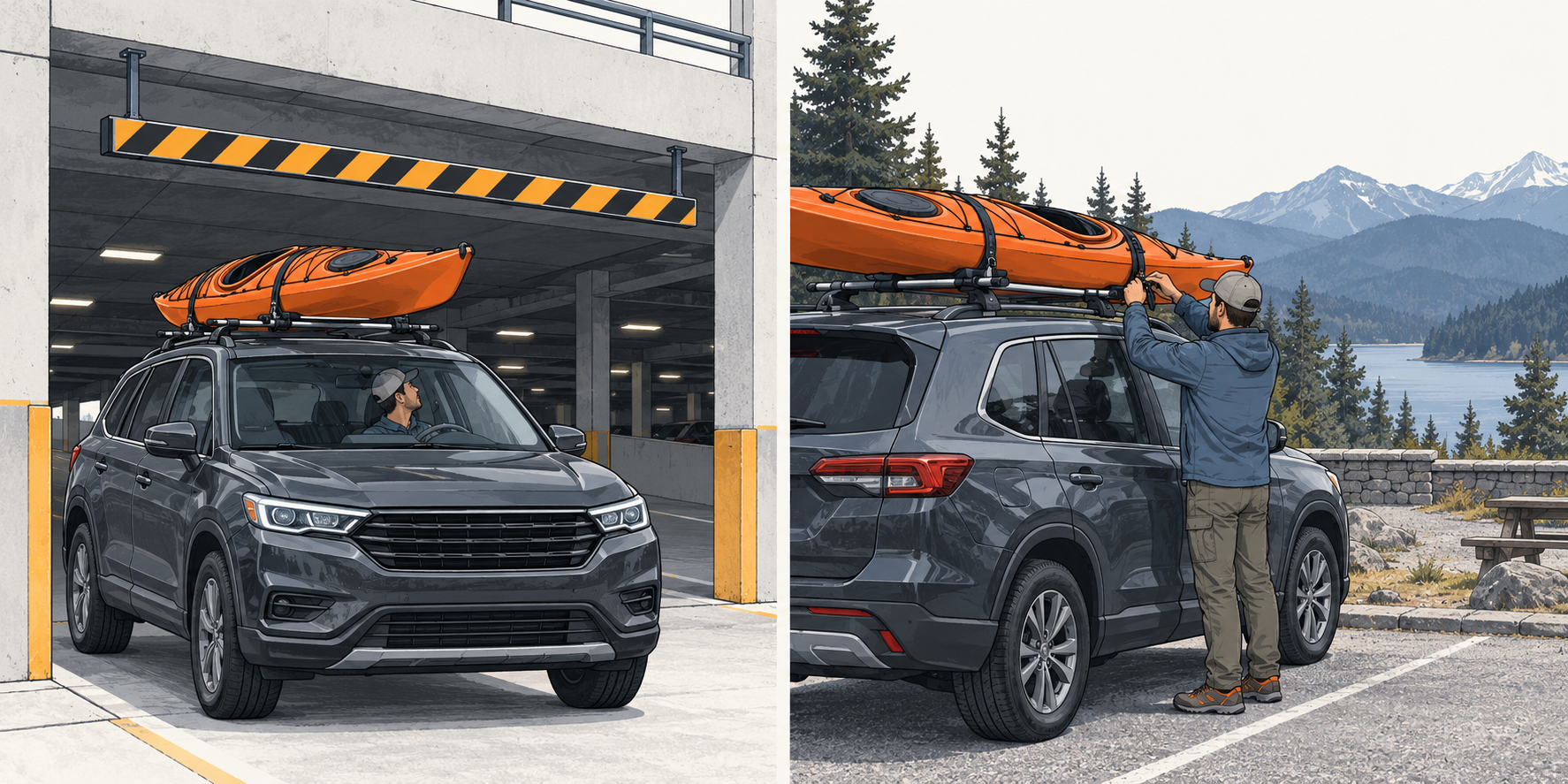 A parked vehicle carrying a kayak is checked for overhead clearance and its attachment points are rechecked after a short drive.