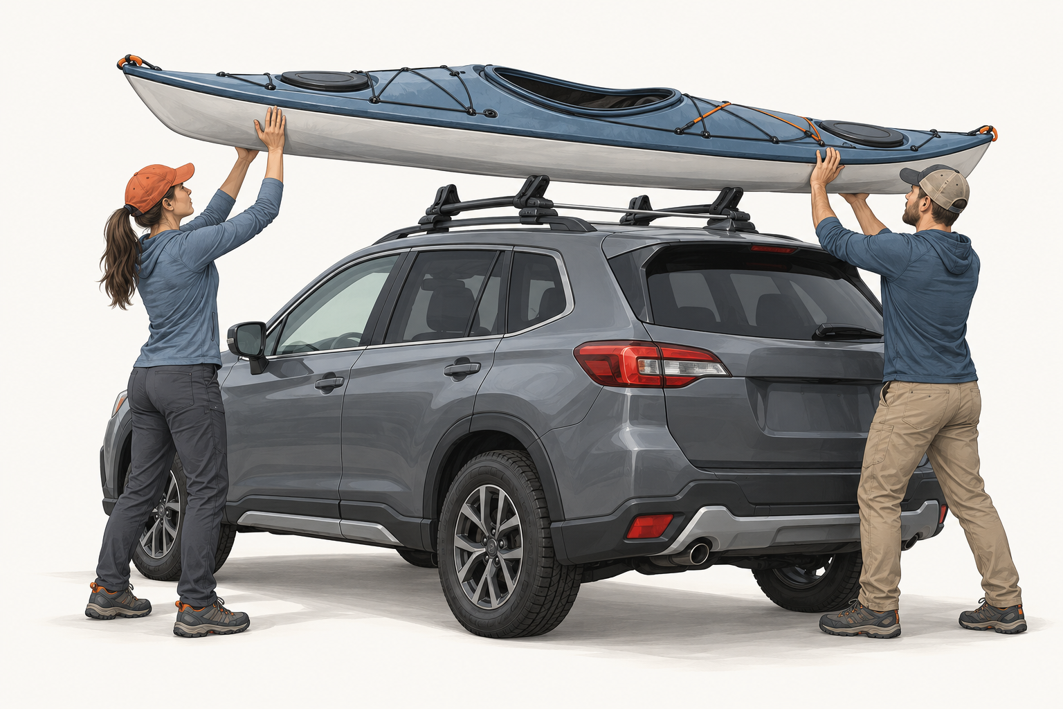 Two people coordinate a controlled, level lift of a long kayak toward the already-installed roof carrier.