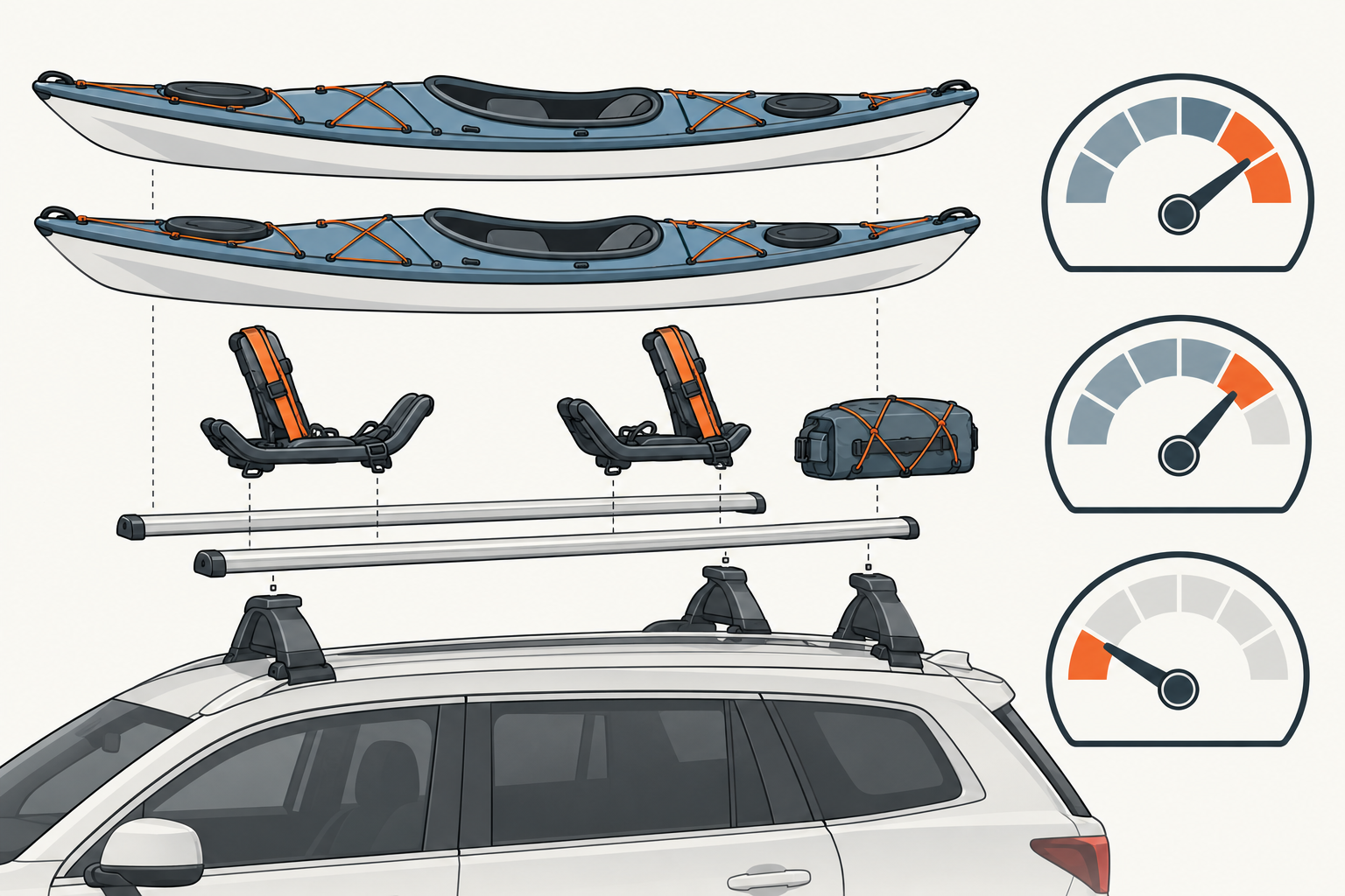 An exploded roof-load view separates the vehicle, rack feet, crossbars, carriers, watercraft, and accessory weight alongside distinct vehicle, rack, and carrier capacity gauges.