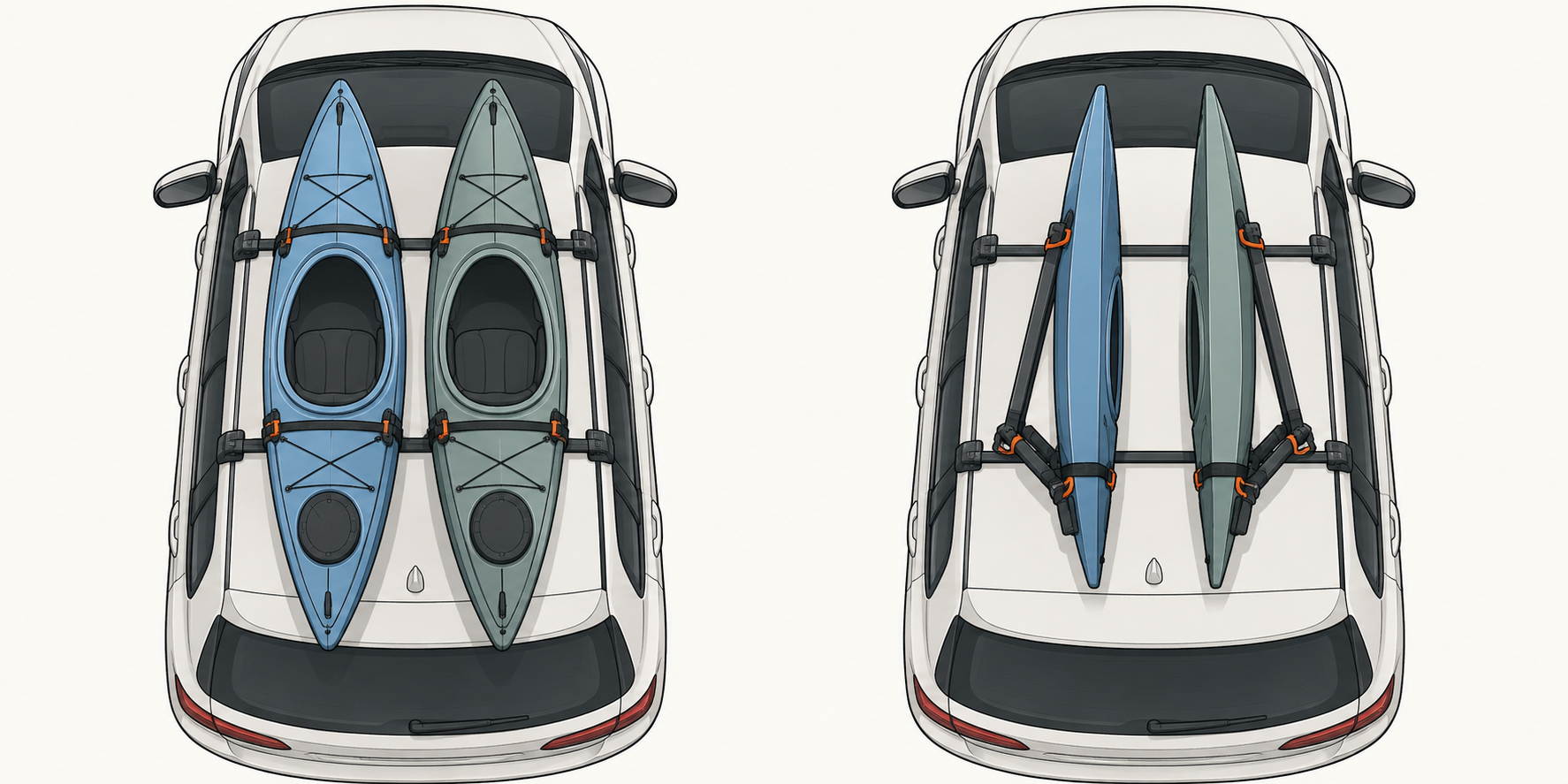 Two top-down roof layouts show side-by-side kayaks on horizontal supports and two kayaks held in vertical stacker positions; the arrangements use roof space differently.