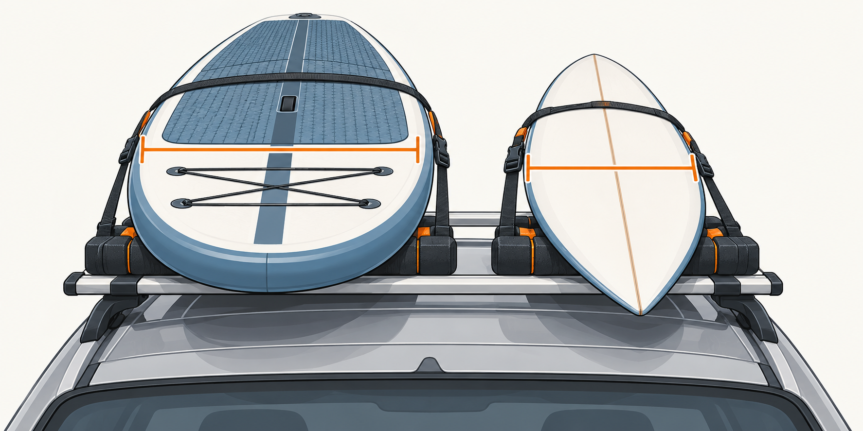 A broad stand-up paddleboard and a narrower surfboard are shown on padded roof supports with webbing restraints and width markers to compare their measured spans.