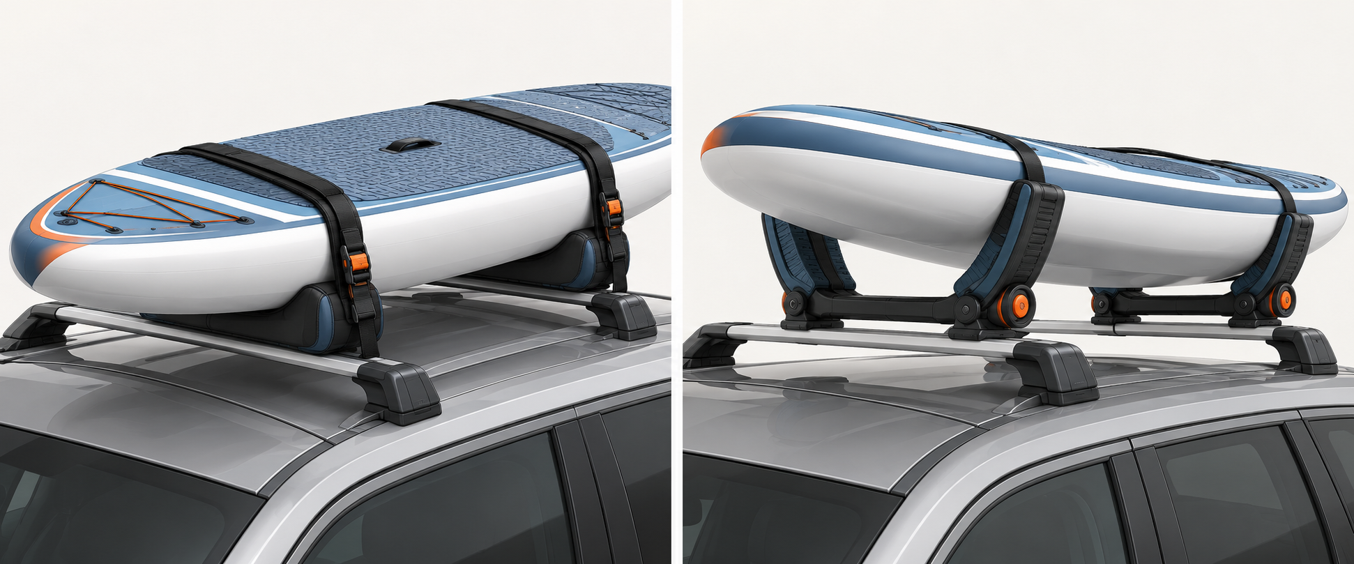 A dedicated padded board carrier with a locking cam is compared with a multi-purpose kayak carrier supporting a board in a documented saddle mode.
