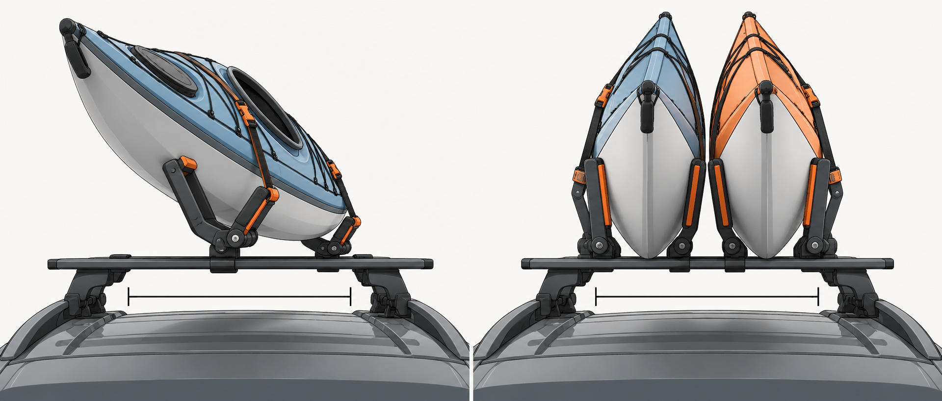 One kayak in a J-cradle mode is compared with two kayaks in a vertical stacker mode, with the front-to-rear crossbar distance shown as a measurement to verify.