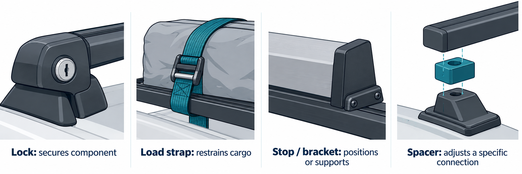 Four rack-accessory functions: locks secure components, load straps restrain cargo, stops or brackets position or support, and spacers adjust a specific connection
