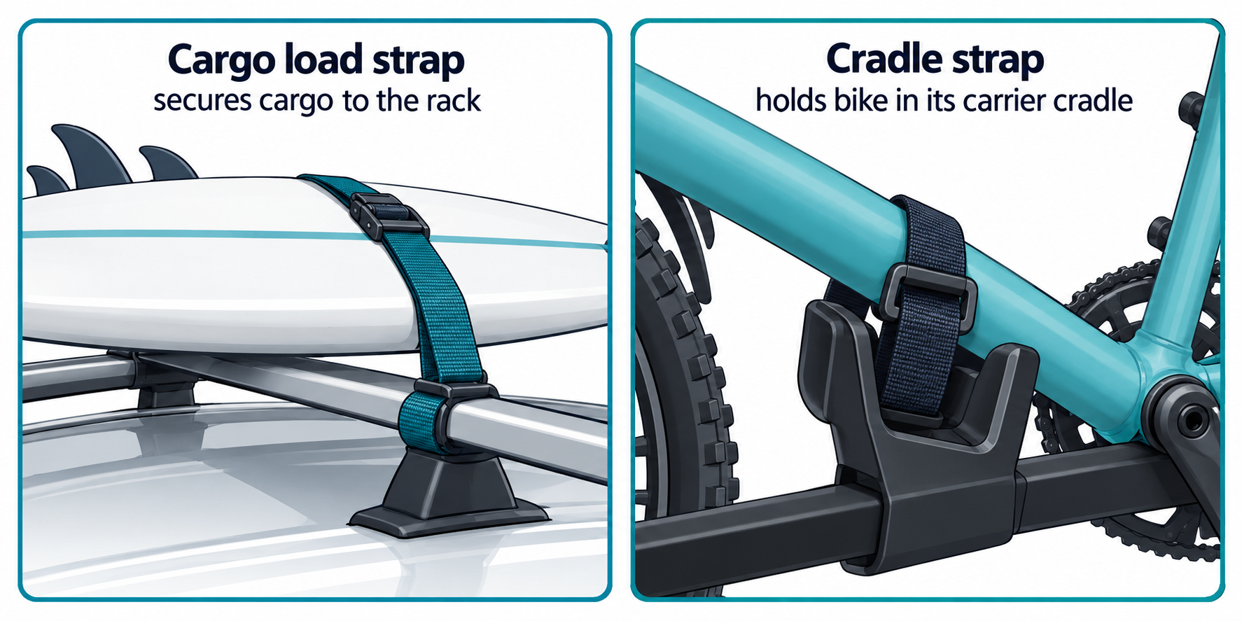 A cargo load strap secures an item to a rack while a cradle strap holds a bike in its carrier cradle