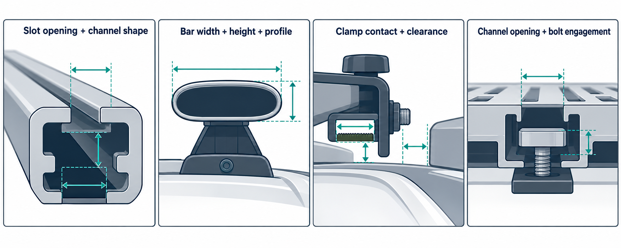 Measurement points to compare for slot openings, bar profiles, clamp contact and clearance, and platform-channel bolt engagement