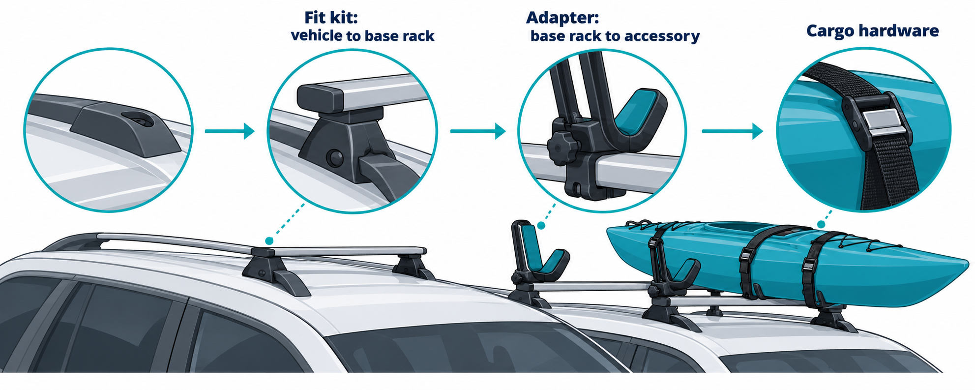 Diagram distinguishing the fit kit between vehicle and base rack, the adapter between rack and accessory, and cargo hardware securing the load