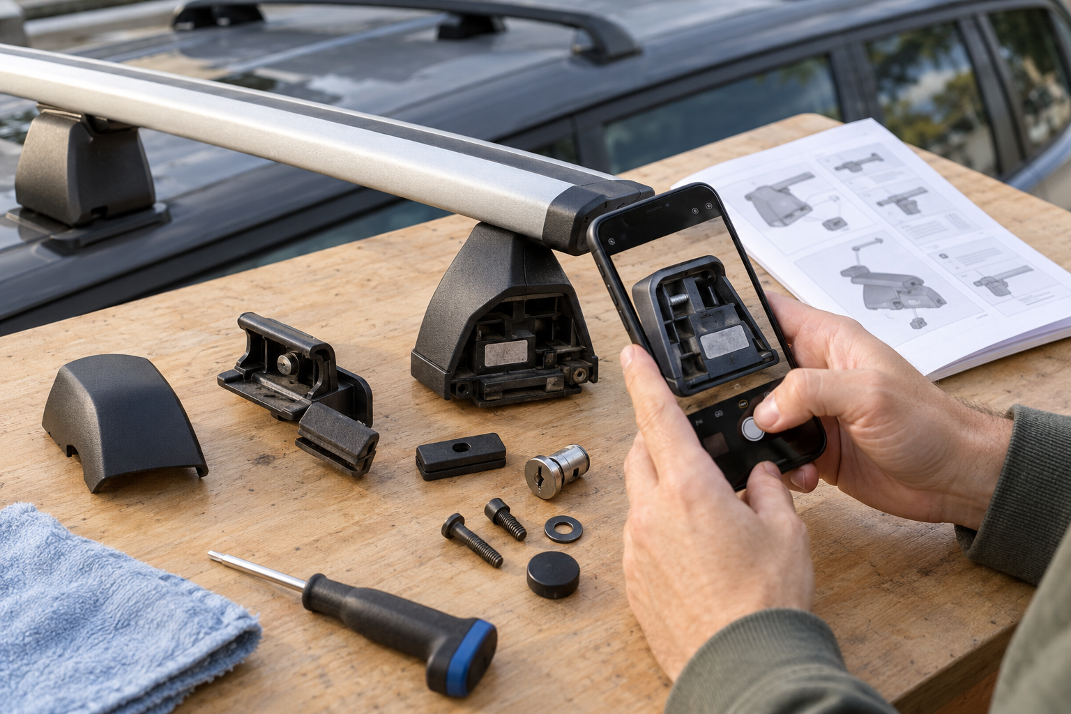 An owner photographs a roof-rack mounting foot beside separated components and fitting instructions.