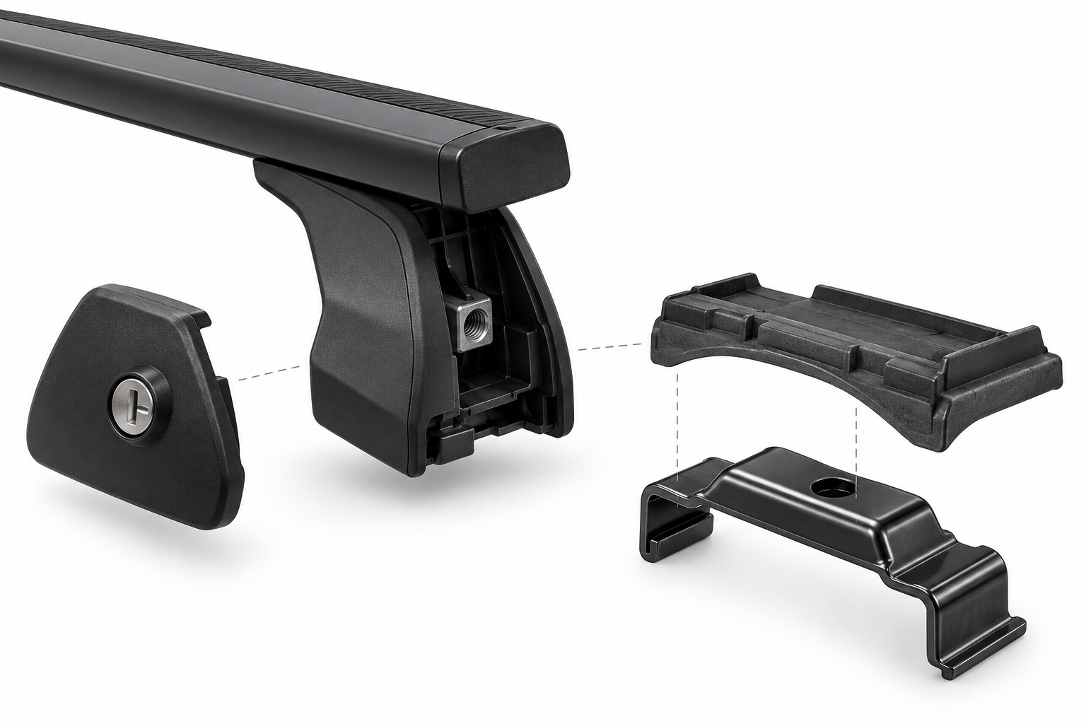 Conceptual exploded illustration separating a rack leg and cover from distinct vehicle-specific mounting pieces.