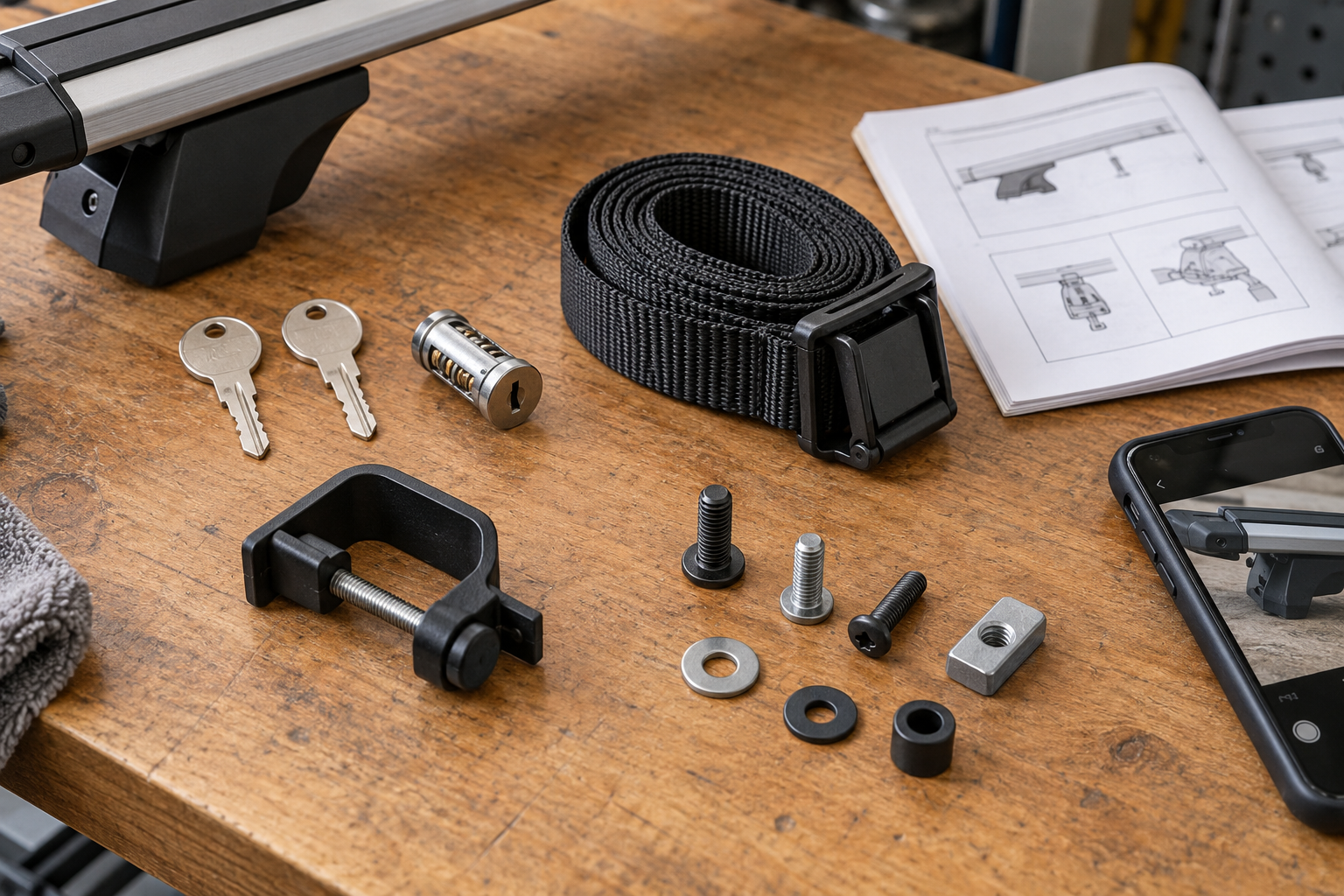 Unbranded keys, a lock core, strap, clamp, and assorted fasteners are laid out for identification beside rack instructions.