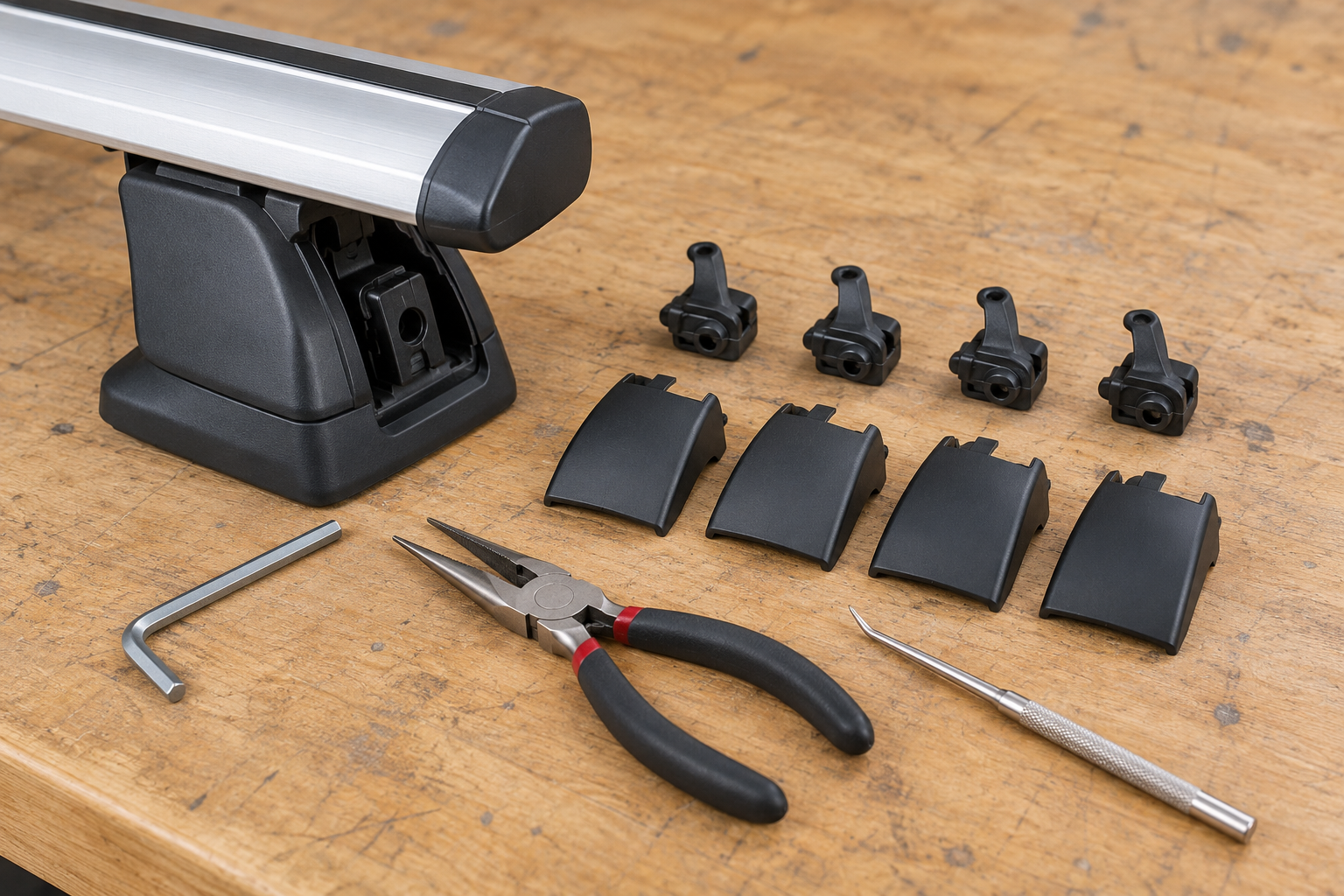 A generic rack foot, toggle pieces, leg covers, and the three tools listed for the repair are arranged for a pre-work kit check.