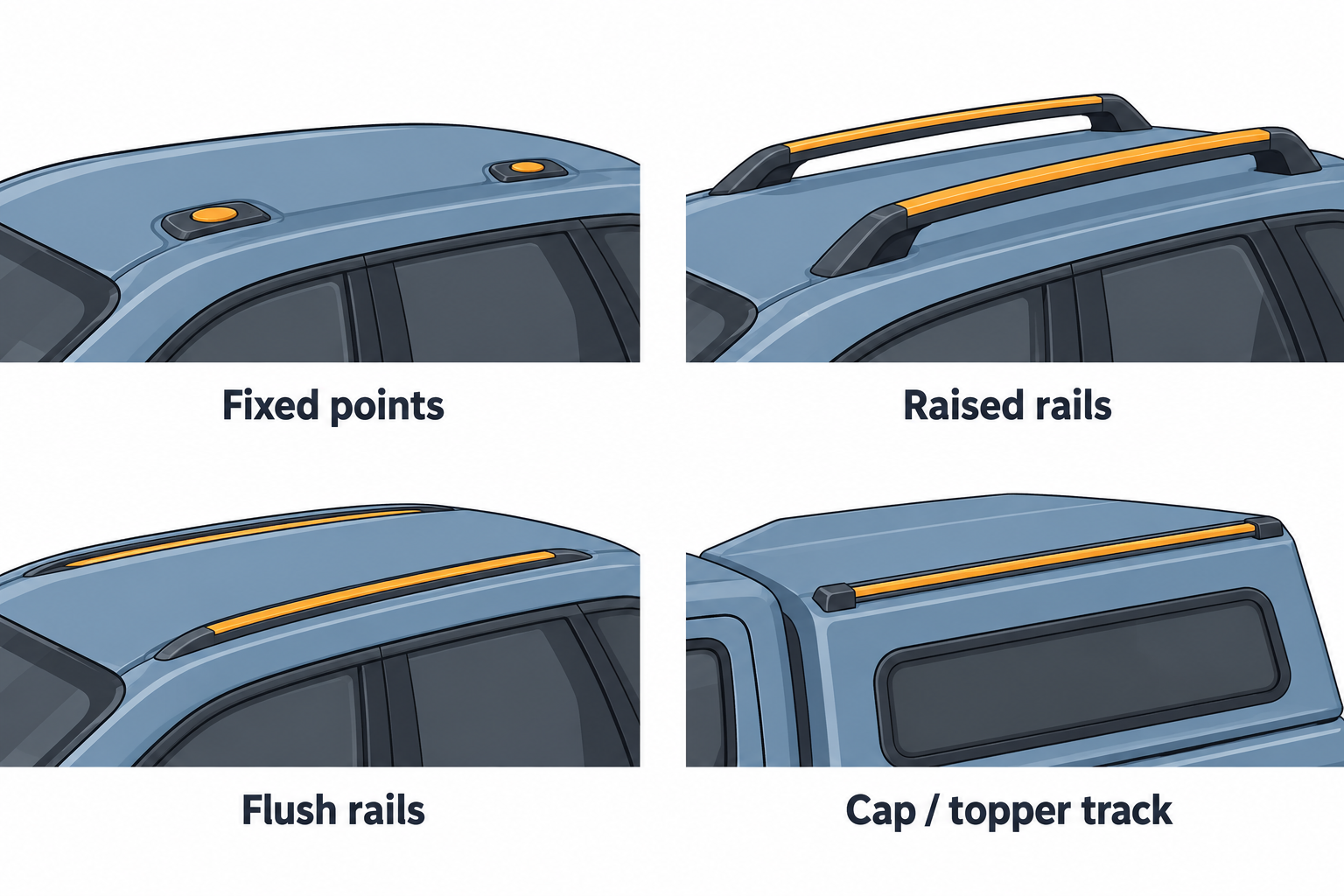 Generic fixed points, raised rails, flush rails, and a cap or topper track shown as separate mounting surfaces.
