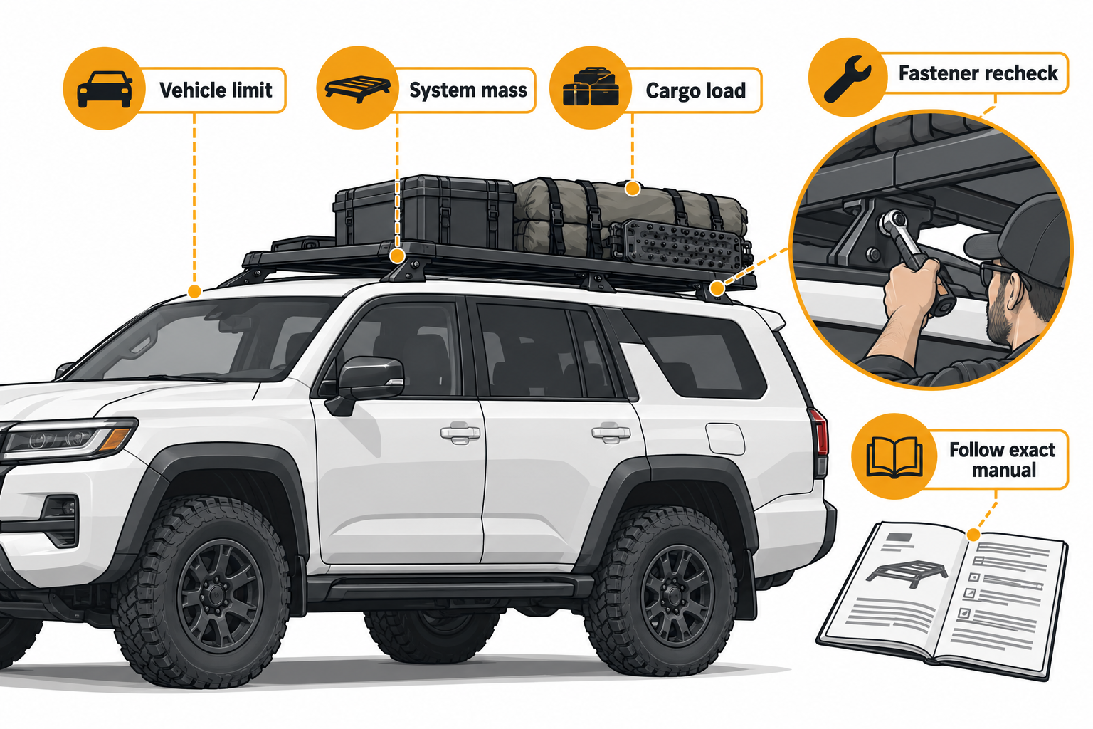 Separate vehicle limit, system mass, cargo load, fastener recheck, and exact manual checks for a loaded platform.