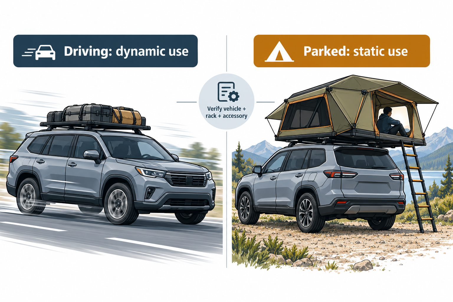 Comparison of dynamic driving use and parked static tent use, both requiring vehicle, rack, and accessory verification.