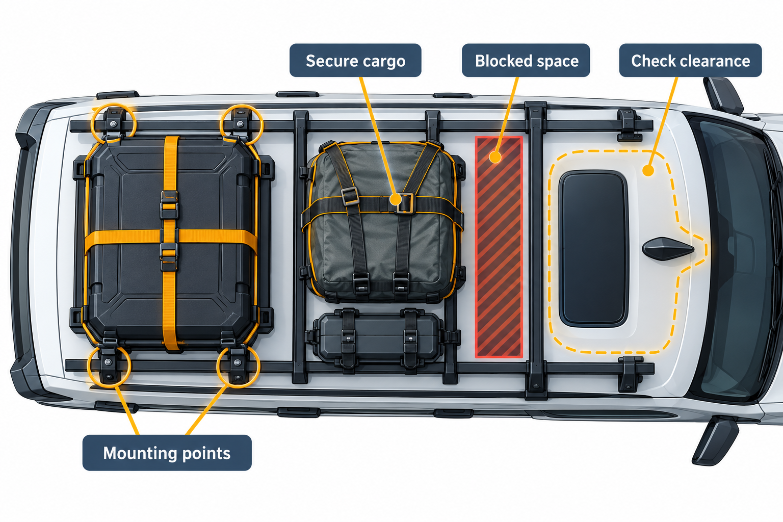 Top-down mixed roof-platform layout illustrating mounting points, secured cargo, blocked space, and clearance checks.