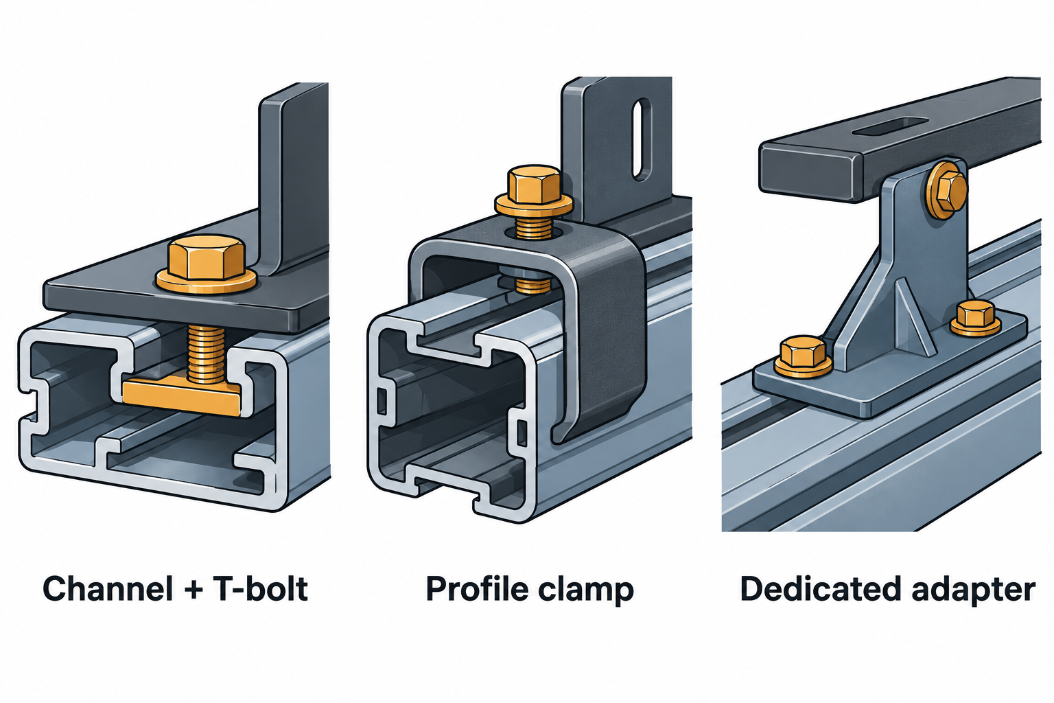 Three distinct conceptual attachment methods: a channel T-bolt, a profile clamp, and a dedicated adapter.
