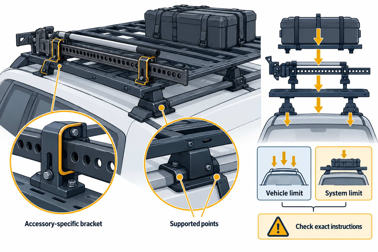 Accessory-specific bracket and supported points shown alongside separate vehicle and complete-system limit checks.