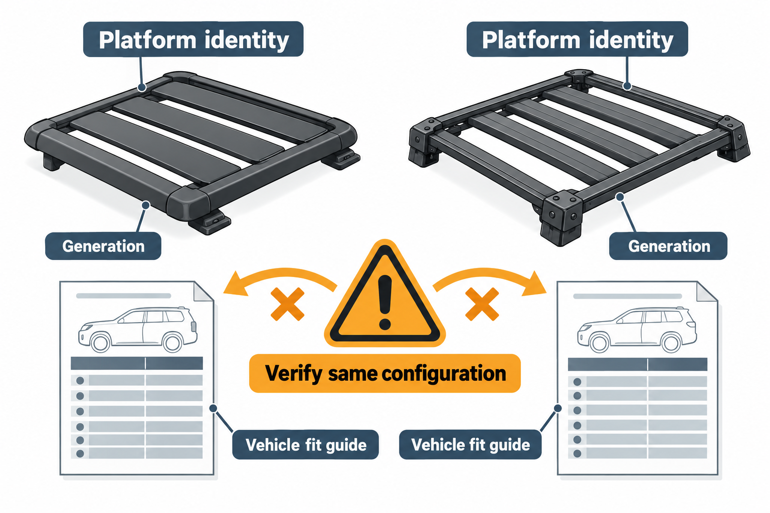 Two distinct platform identities paired with their own vehicle fit guides; verify the same configuration rather than transferring results.
