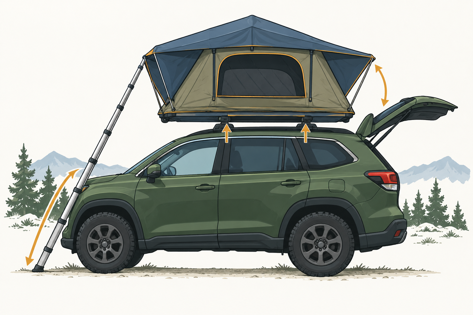 Side view of a deployed rooftop tent showing ladder reach, tent support positions over the crossbars, and rear hatch clearance.