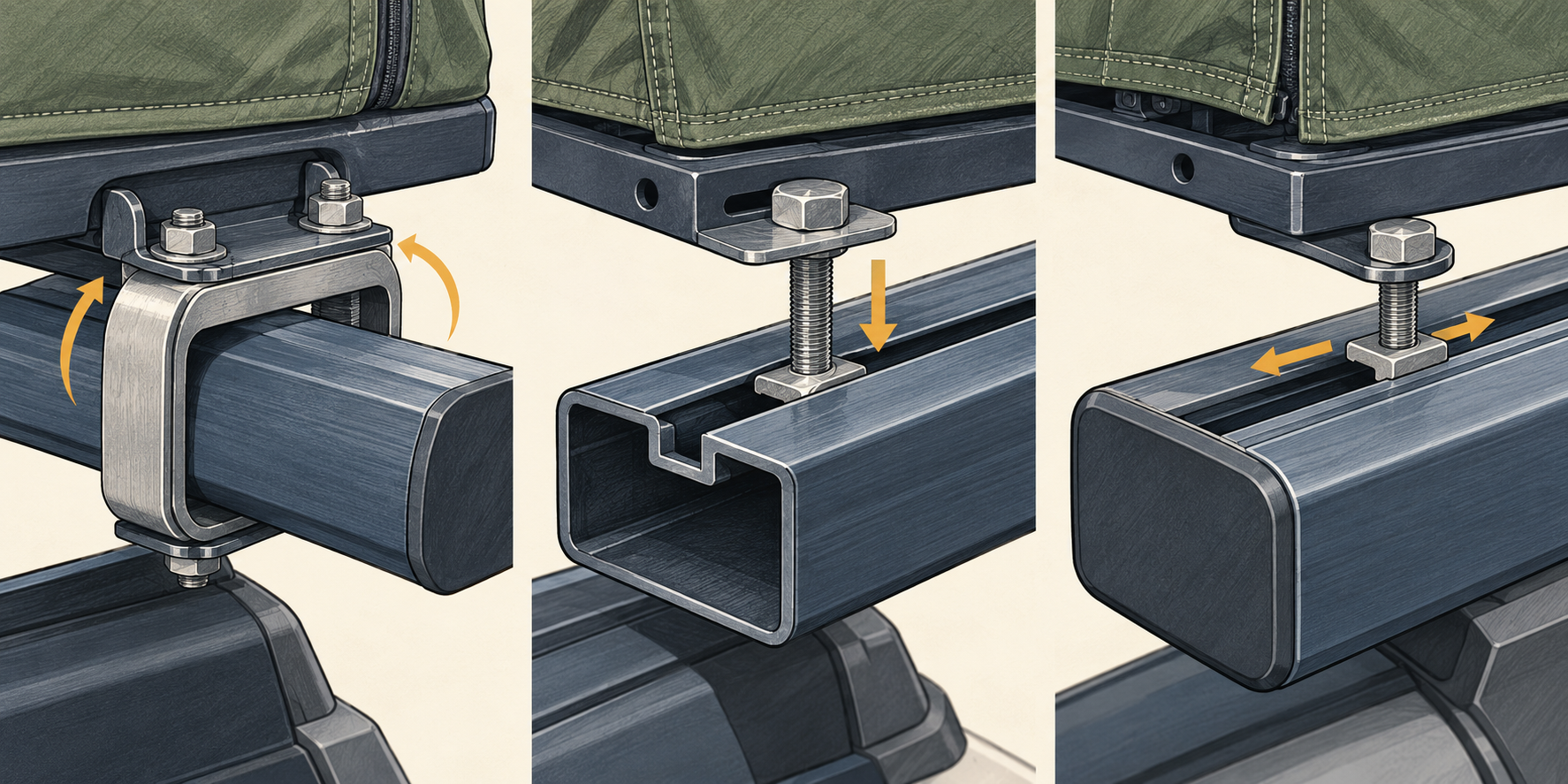 Close-up examples of a clamp around a crossbar, a bolt in an open slot, and a T-bolt seated in a T-track.
