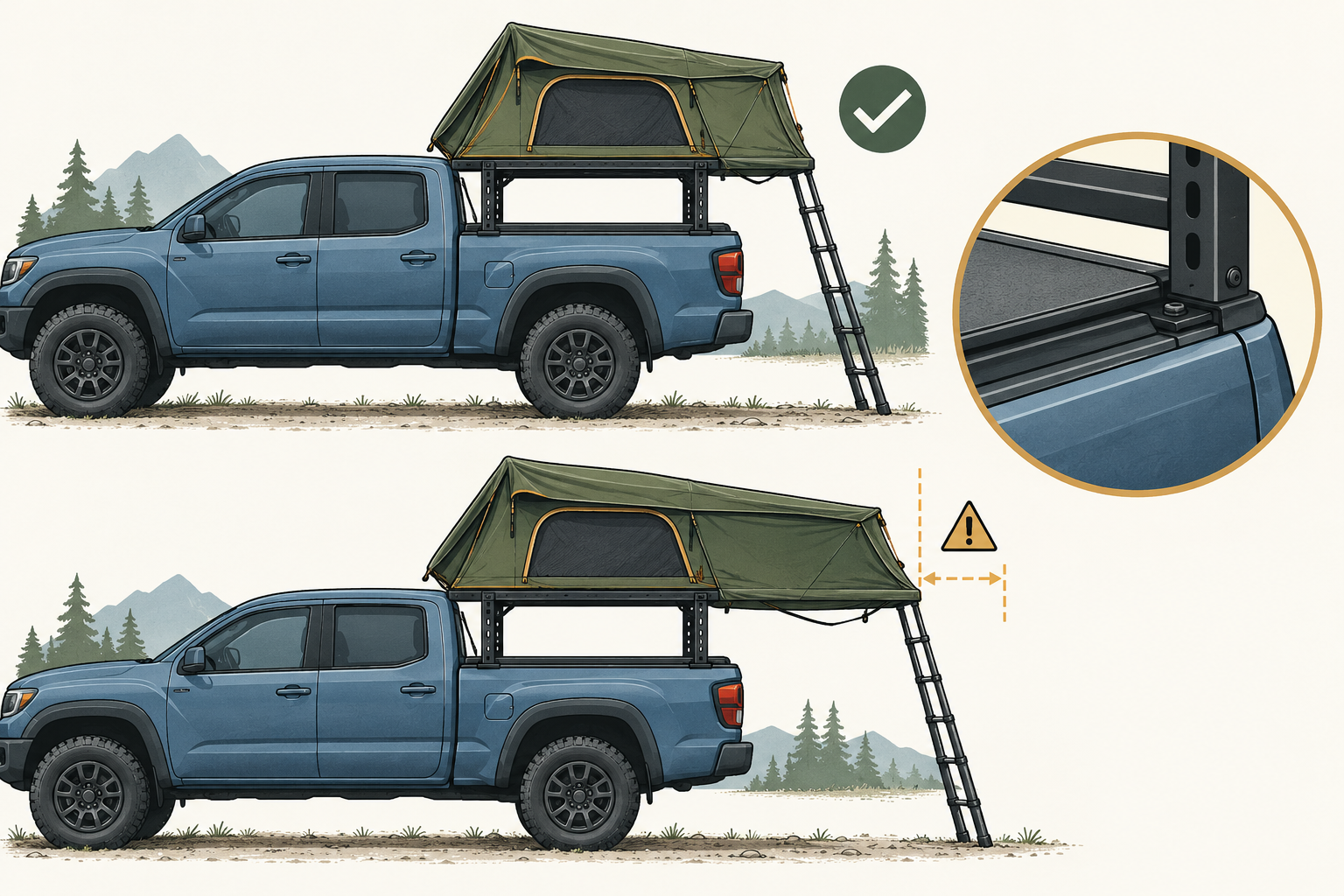 Pickup tent examples contrasting a supported bed-length setup with a tent extending beyond rear support, plus a close-up of bed-rack hardware near a cover rail.