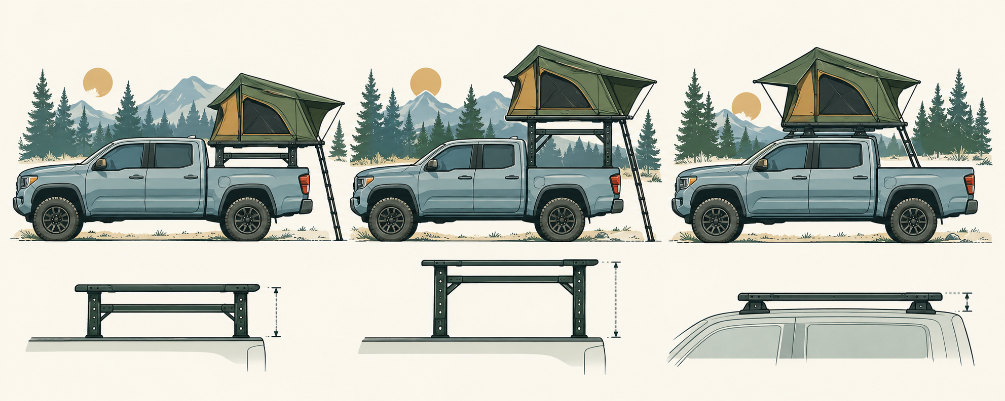 Three pickup rack layouts showing a mid-height bed rack, a full-height bed rack, and a cab-mounted rack.