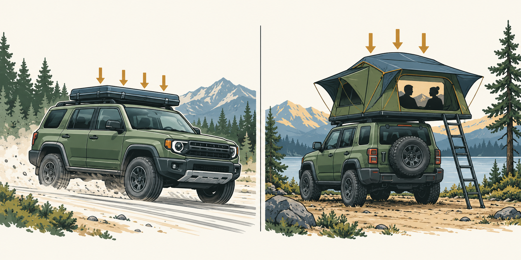 Vehicle with a closed rooftop tent while driving compared with the same vehicle parked with the tent deployed; the two scenes represent separate load conditions.