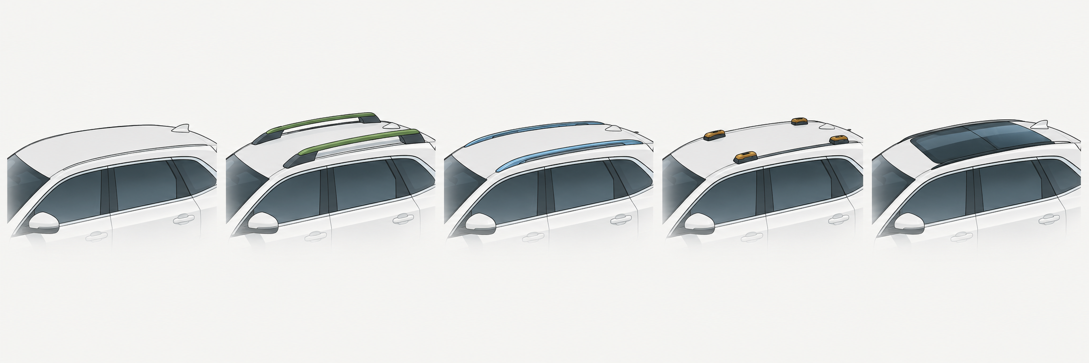 Five roofline examples showing a bare roof, raised rails, flush rails, fixed mounting points, and a panoramic glass roof.