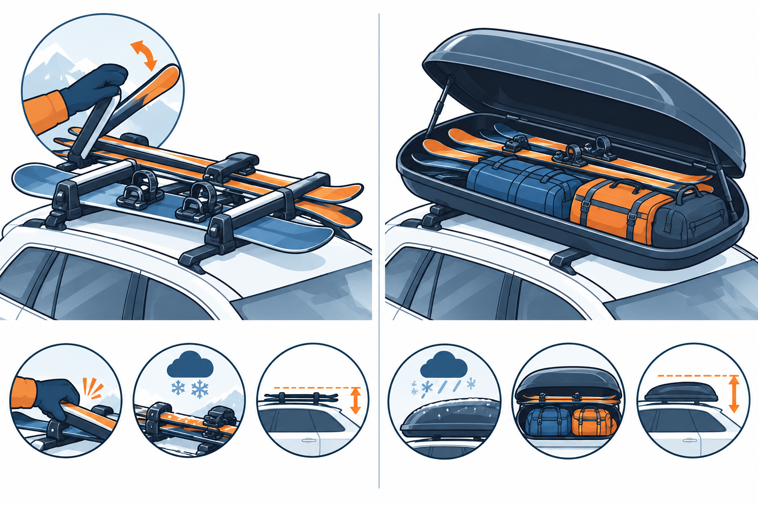 Comparison of an open ski carrier with quick access and an enclosed roof box with extra cargo space