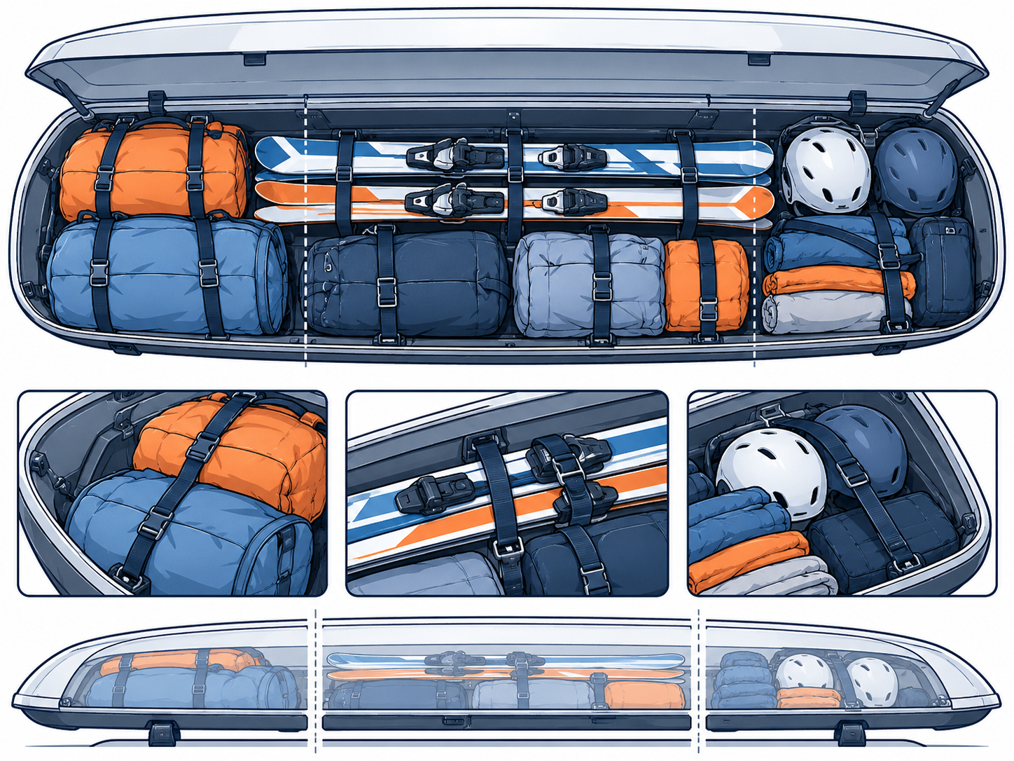 Roof-box packing layout keeps long winter equipment secured and light luggage distributed as the box instructions allow