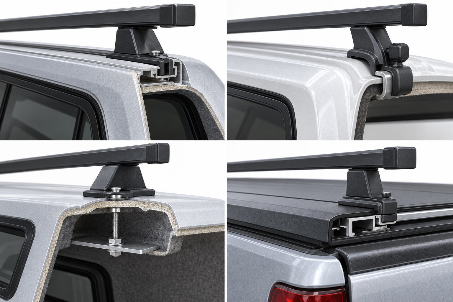 Four distinct rack attachment interfaces shown in cap tracks, gutters, reinforced bolt-through mounts, and tonneau tracks