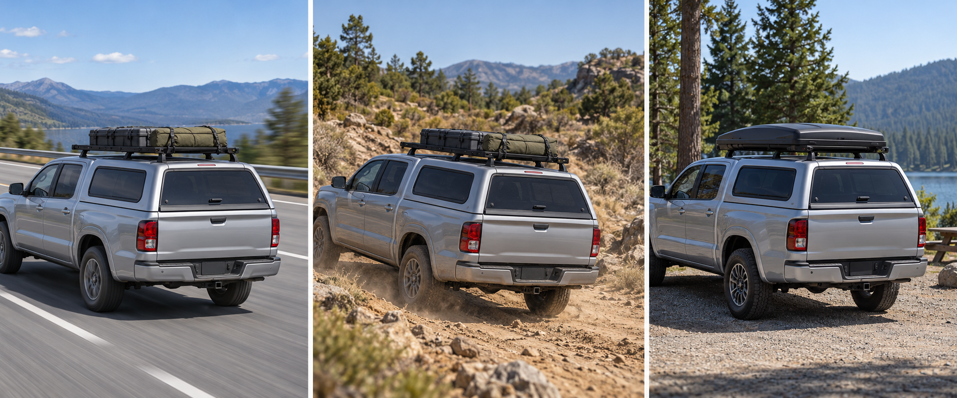 The same cap-mounted rack shown in separate on-road, off-road, and parked-use conditions