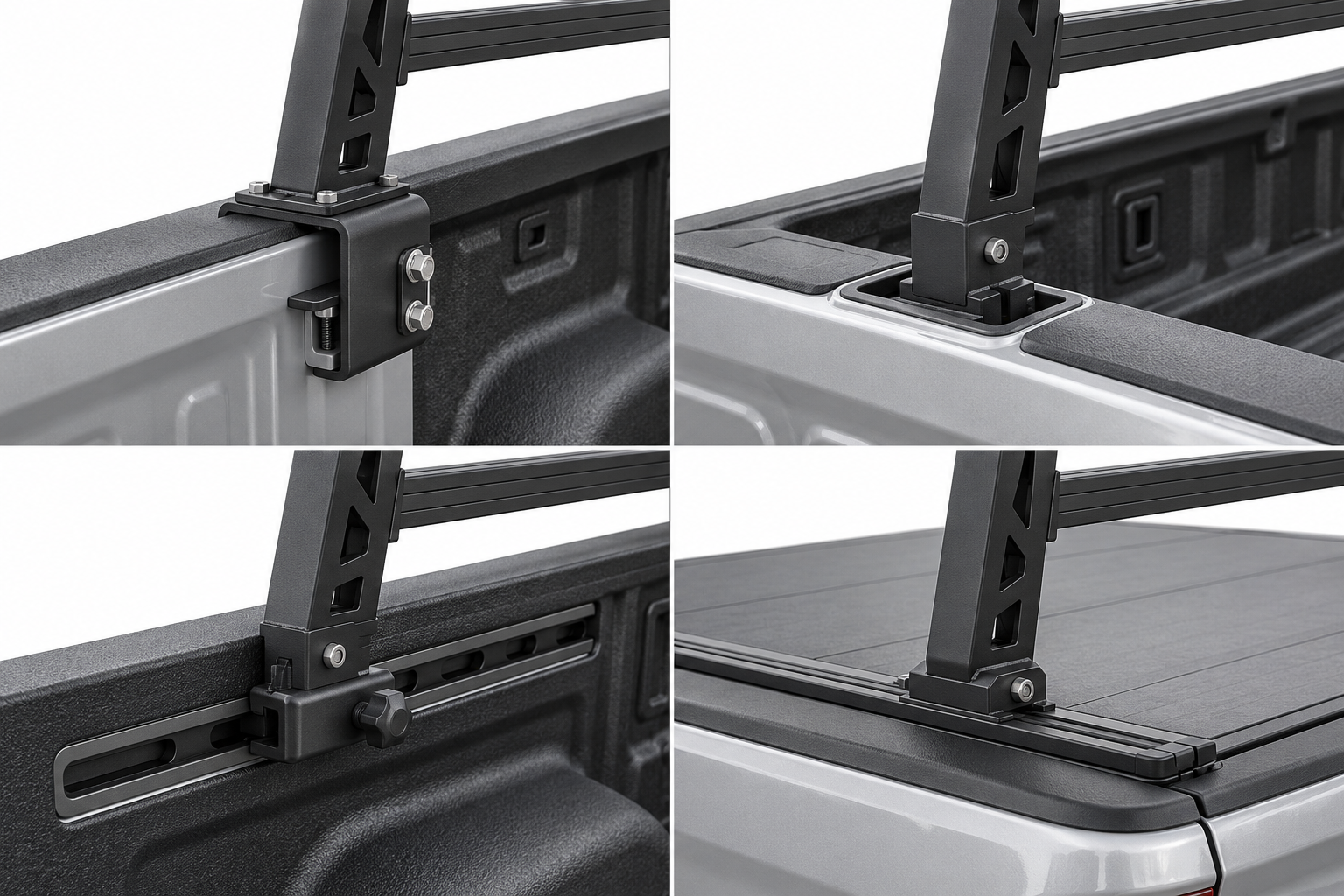 Four different pickup-bed rack attachments shown at the bed rail, stake pocket, factory track, and cover track