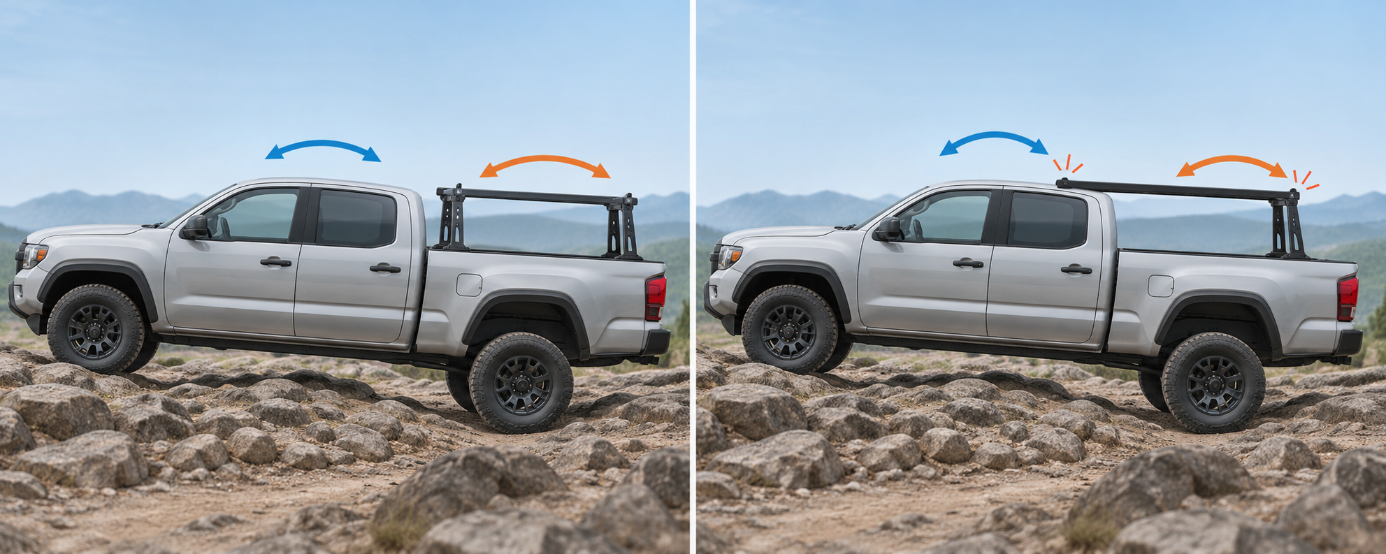 A comparison illustrating independent cab and bed movement and the caution against a rigid rack bridge