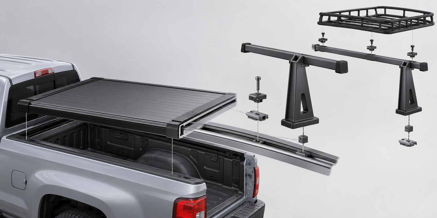 A tonneau cover, its track fasteners, uprights, crossbars, and carrier shown as one component path
