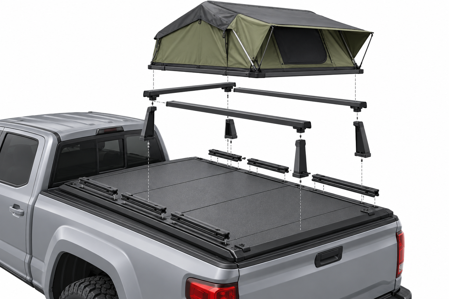 The cover-mounted track, legs, bars, and optional rooftop tent shown as separate connected components