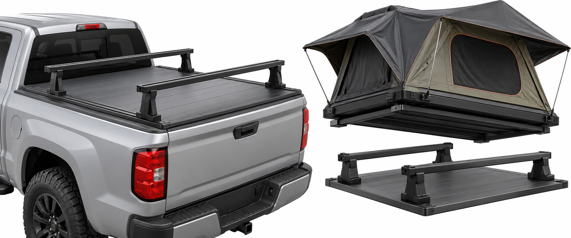 A DiamondBack hard cover with its track-mounted rack assembly and a separate rooftop-tent accessory system