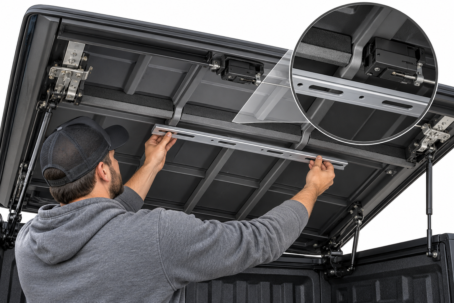 A hard cover underside being checked for ribs, latches, and obstructions before track placement