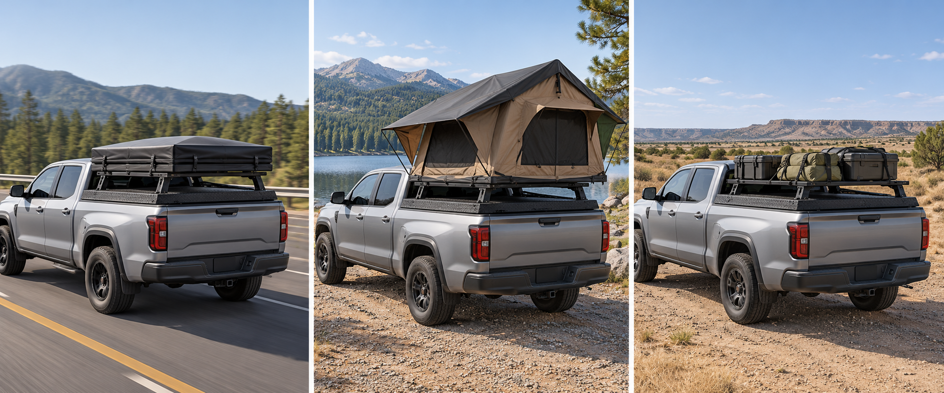 The same hard-cover rack shown with a closed tent in travel, an open tent while parked, and secured cargo