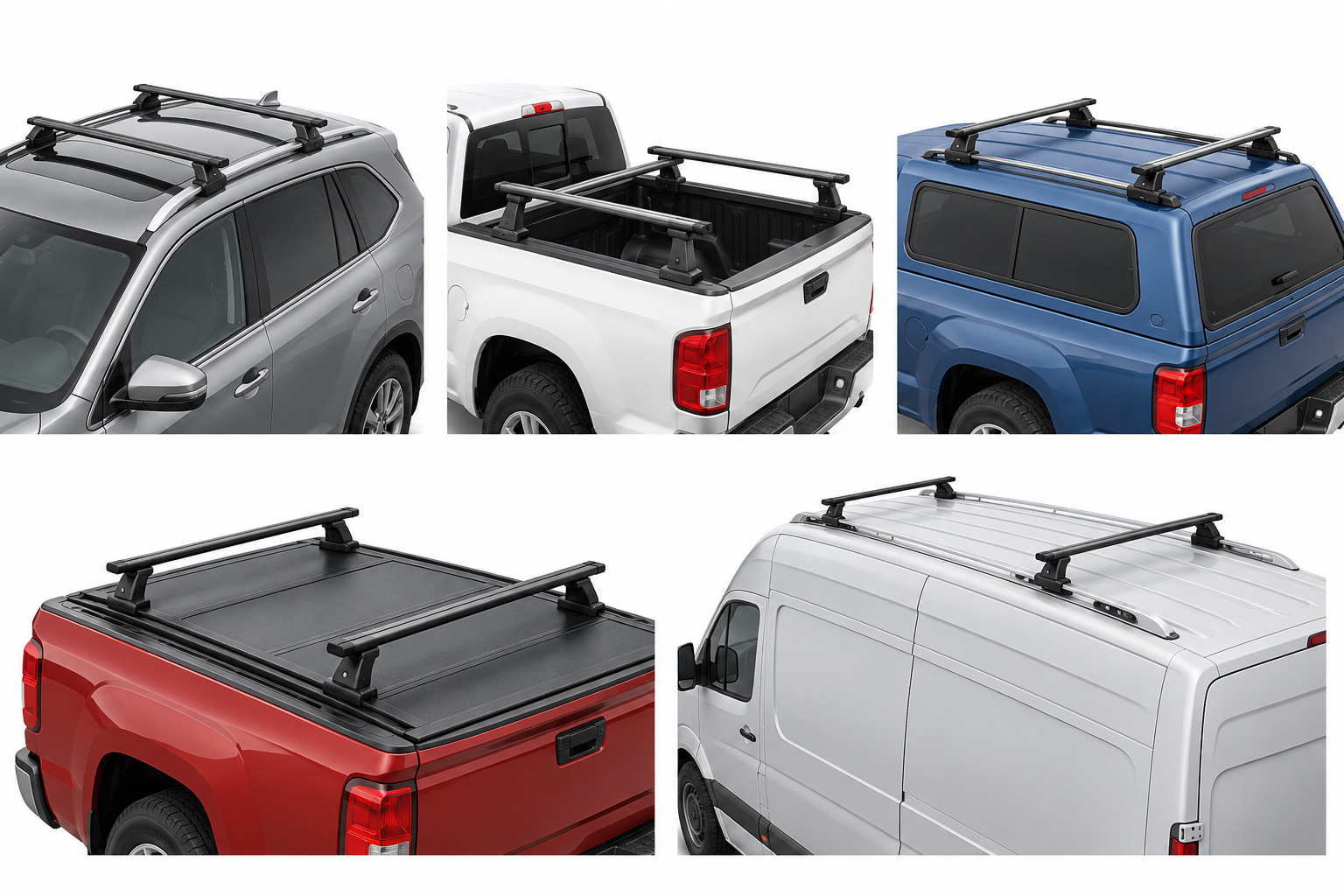 Five distinct vehicle and body structures used as rack mounting locations