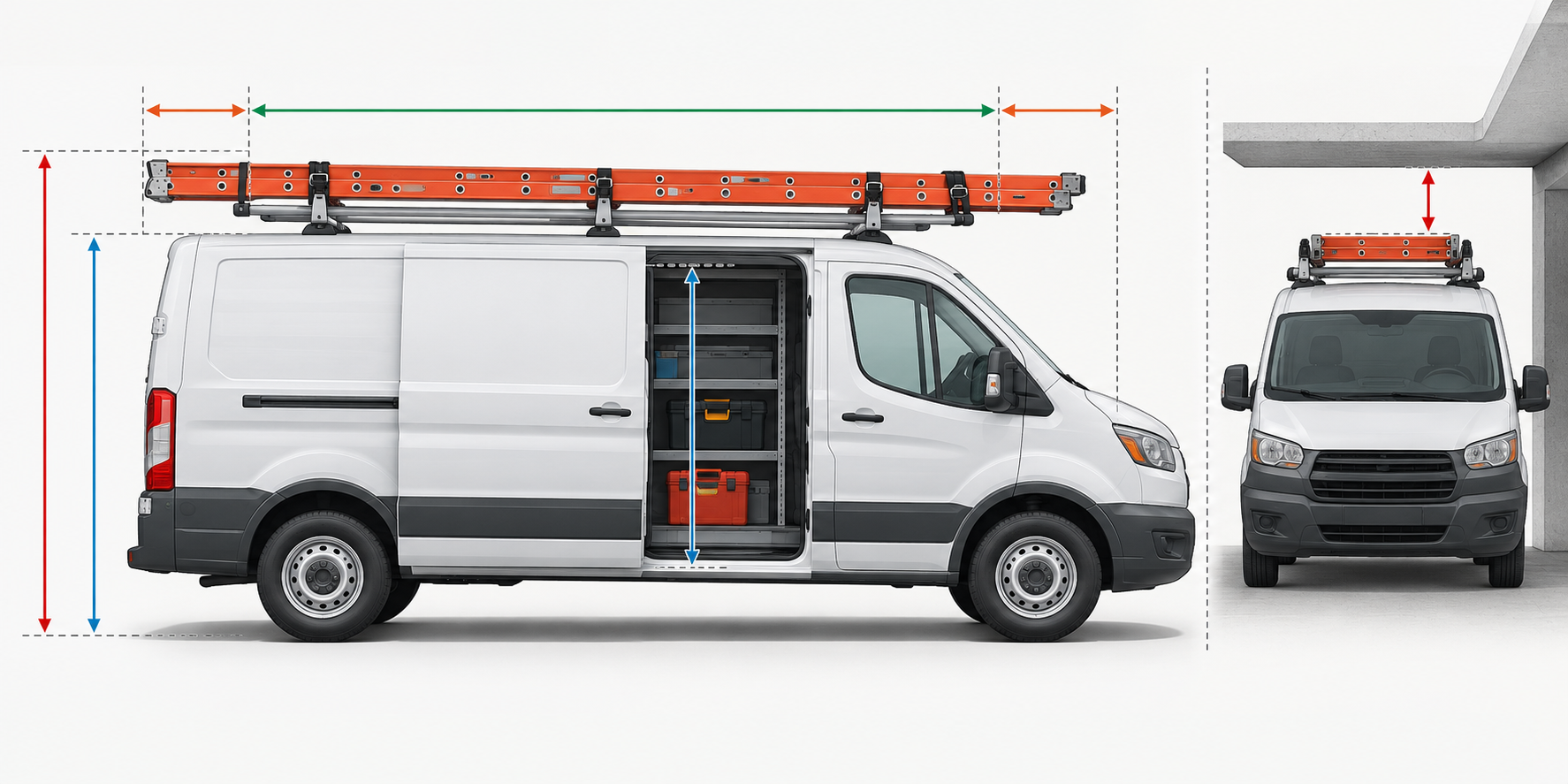 A work van carrying a secured ladder with visual checks for rack height, overall height, door access, and front and rear overhang